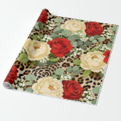 Leopard & Red Rose Pattern - Chic Floral Animal ラッピングペーパー (アンロールド)