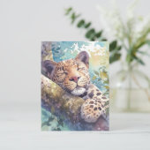 Leopard Resting on Tree Branch in Sunlit Forest ポストカード (スタンド正面)