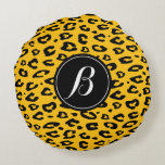 Leopard rosettes custom monogram round throw ラウンドクッション<br><div class="desc">Leopard rosettes custom monogram round throw. Personalized wild animal spots pattern monogrammed with name initial letter. Elegant typography. Exotic home decor. Yellow or custom color.</div>