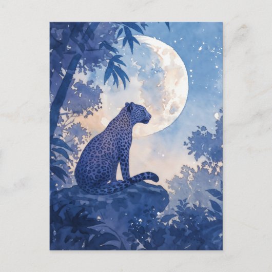 Leopard Sitting on Rock Under Glowing Full Moon ポストカード (正面)
