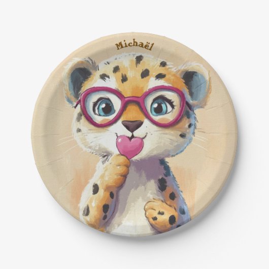 Leopard Valentine's Day Heart Badge - Kids School  ペーパープレート (正面)