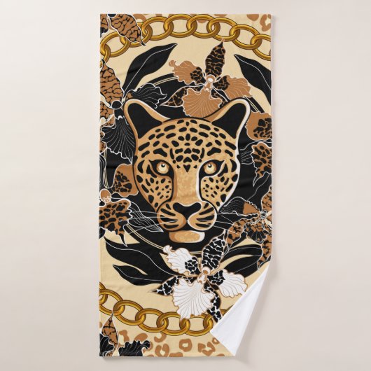 leopard's head surrounded by orchids, gold chain a バスタオル (バスタオル)