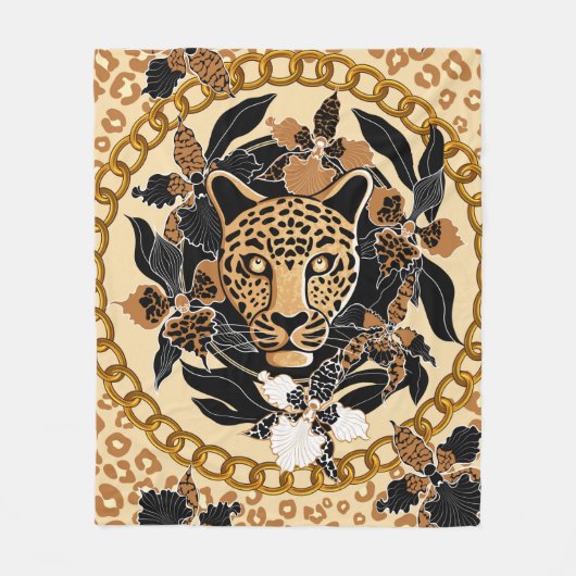 leopard's head surrounded by orchids, gold chain a フリースブランケット (正面)