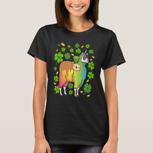 Leprechaun Sloth Riding Llama Unicorn St Patricks  Tシャツ (正面)