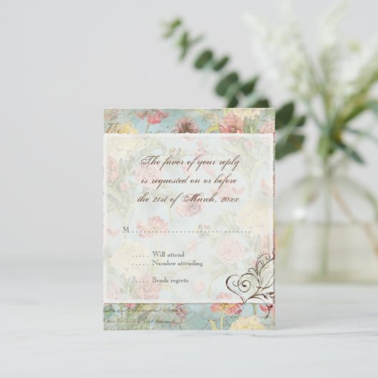 Lesのフルーアのシャクヤクのばら色のチューリップの花柄の花の結婚 出欠カード (スタンド正面)