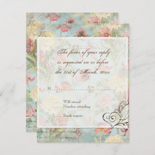 Lesのフルーアのシャクヤクのばら色のチューリップの花柄の花の結婚 出欠カード (正面/裏面)