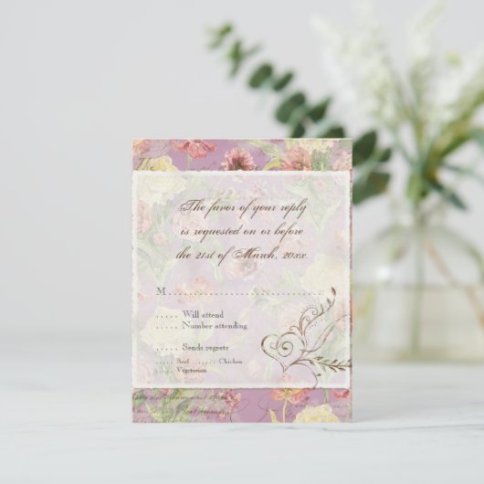 Lesのフルーアのシャクヤクのばら色のチューリップの花柄の花の結婚 出欠カード (スタンド正面)