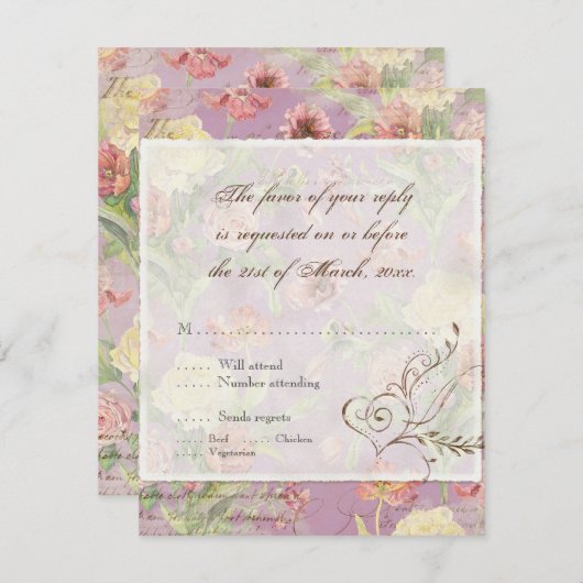 Lesのフルーアのシャクヤクのばら色のチューリップの花柄の花の結婚 出欠カード (正面/裏面)