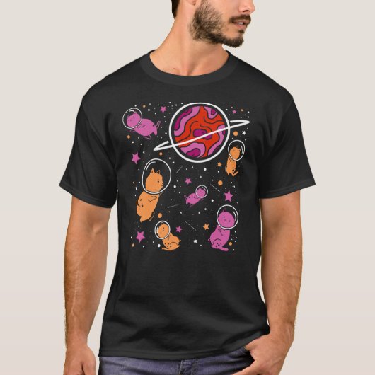 Lesbian Cat in Space Orange Pink Lesbian Pride Tシャツ (正面)