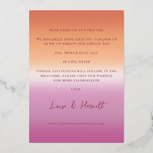 Lesbian Wedding Photo Pride Flag Gradient Gold 箔招待状 (裏面)