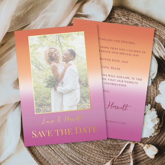 Lesbian Wedding Photo Pride Flag Gradient Gold 箔招待状