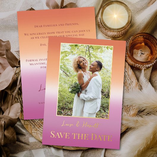 Lesbian Wedding Photo Pride Flag Gradient Gold 箔招待状