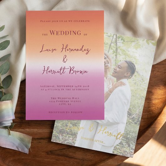 Lesbian Wedding Photo Pride Gradient Gold Foil 箔招待状