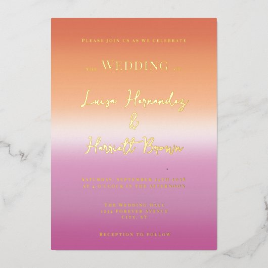 Lesbian Wedding Pride Flag Gradient Gold 箔招待状 (正面)