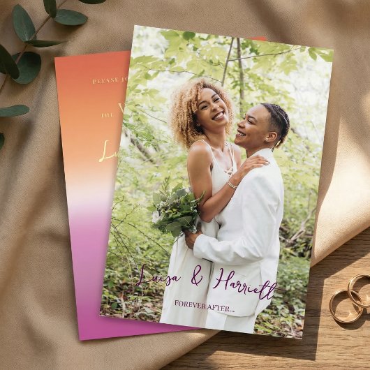 Lesbian Wedding Pride Flag Gradient Gold 箔招待状