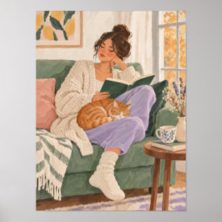 Lesende Frau mit Katze im Herbst – Poster ポスター