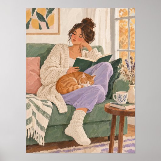 Lesende Frau mit Katze im Herbst – Poster ポスター (正面)
