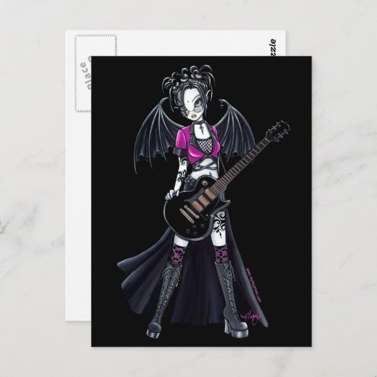 "Leslie"ブラック美しいギターロッカーフェアリー ポストカード (正面/裏面)
