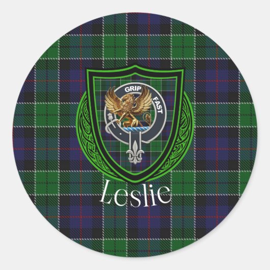 Leslie Scottish Clan Tartan & Crest ラウンドシール (正面)
