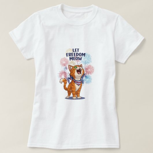 Let Freedom Meow - Patriotic Fireworks Cat T-Shirt Tシャツ (デザイン正面)