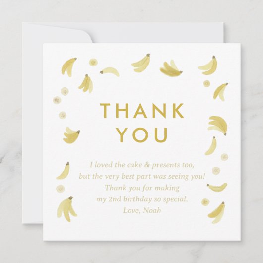 「Let Go Bananas」バナナのパーティーパーソナライズされた写真 サンキューカード (正面)