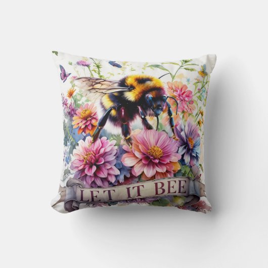 Let It Bee – Watercolor Bumblebee Spring Floral クッション (正面)