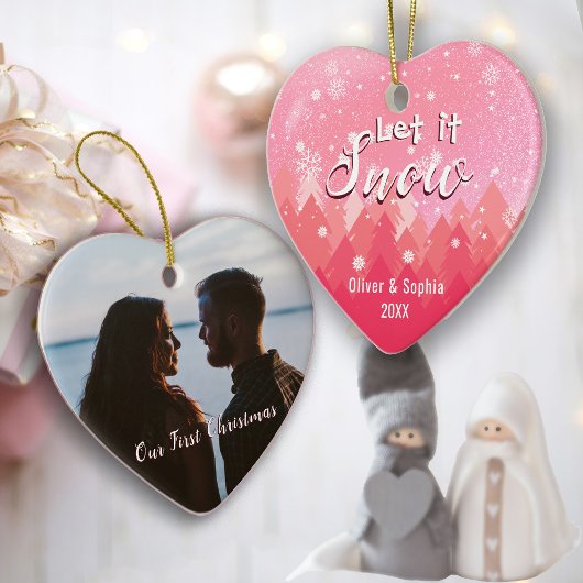 Let it Snow初めてのクリスマスフォトピンク オーナメント