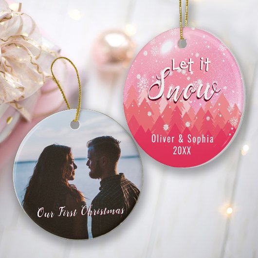 Let it Snow初めてのクリスマスフォトピンク オーナメント