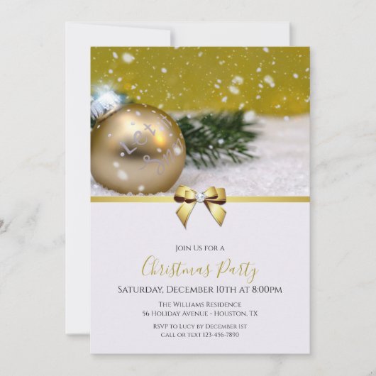 "Let It Snow"バウブル、リボンと宝石の弓クリスマス 招待状 (正面)