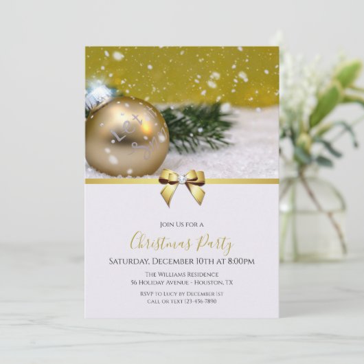 "Let It Snow"バウブル、リボンと宝石の弓クリスマス 招待状 (スタンド正面)