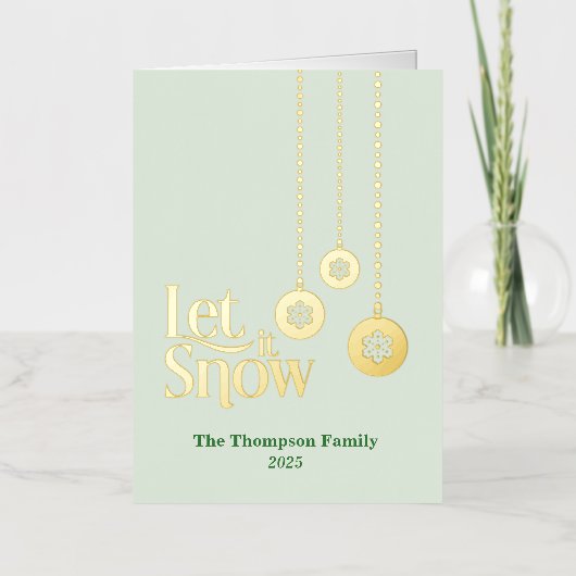 "Let it Snow" 上品な淡緑色の折りたたみカード 箔シーズンカード (正面)