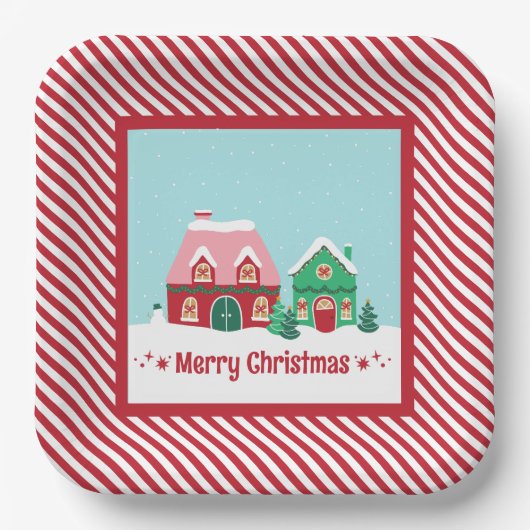 Let it Snow Christmas Village Square Paper Plate ペーパープレート (正面)