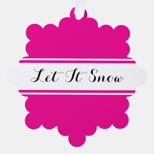 LET IT SNOW Fancy Text Bright Pink White Stripes オーナメントカード (正面)
