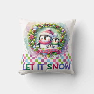 Let It Snow Penguin Family Christmas Pillow クッション