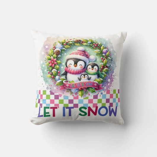 Let It Snow Penguin Family Christmas Pillow クッション (正面)