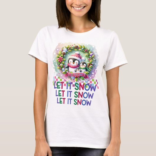 Let It Snow Penguin Family Christmas T-Shirt Tシャツ (正面)