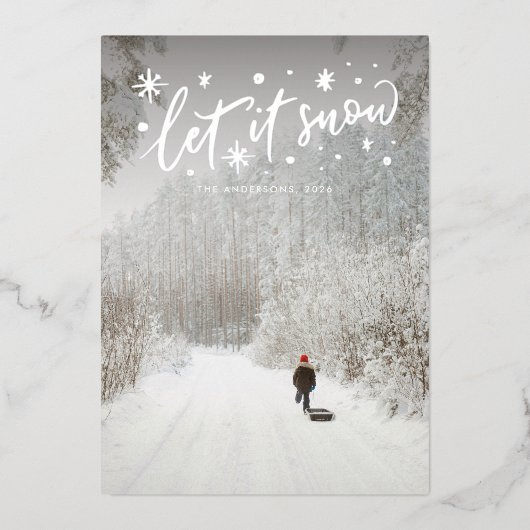 Let it Snow Silverレタリングクリスマスフォト 箔シーズンカード (正面)