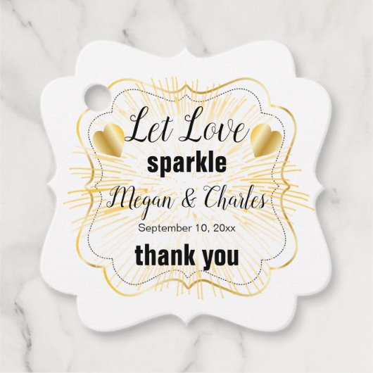 Let Love Sparkle金ゴールドハート引用文結婚写真 フェイバータグ (正面)