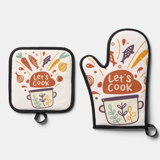 「Let’s Cook」の文字が入ったウィスキカルなキッチンシーン - 鍋つかみ&鍋敷きセット (正面)