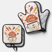 「Let’s Cook」の文字が入ったウィスキカルなキッチンシーン - 鍋つかみ&鍋敷きセット (正面/裏面)