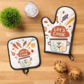 「Let’s Cook」の文字が入ったウィスキカルなキッチンシーン - 鍋つかみ&鍋敷きセット (トップダウン)