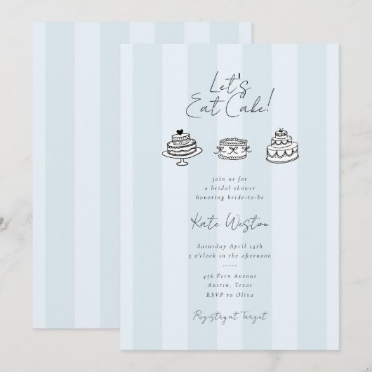 Let’s Eat Cake Blue Bridal Shower Coquette Design 招待状 (正面/裏面)