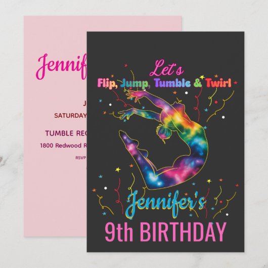 Let’s Flip, Jump, Tumble & Twirl Birthday Girl 招待状 (正面/裏面)