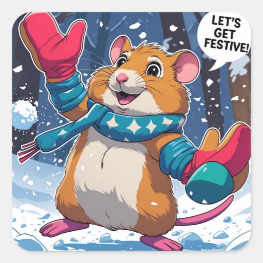 Let’s Get Festive Funny Hamster Throwing Snowball スクエアシール (正面)