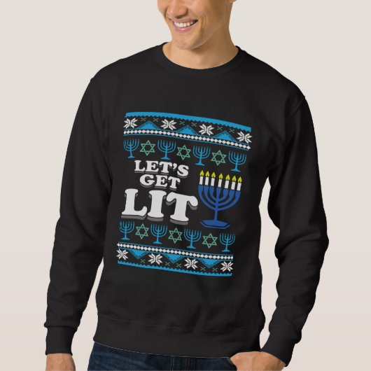 Let s Get Lit Jewish Ugly Hanukkah Christmas スウェットシャツ (正面)