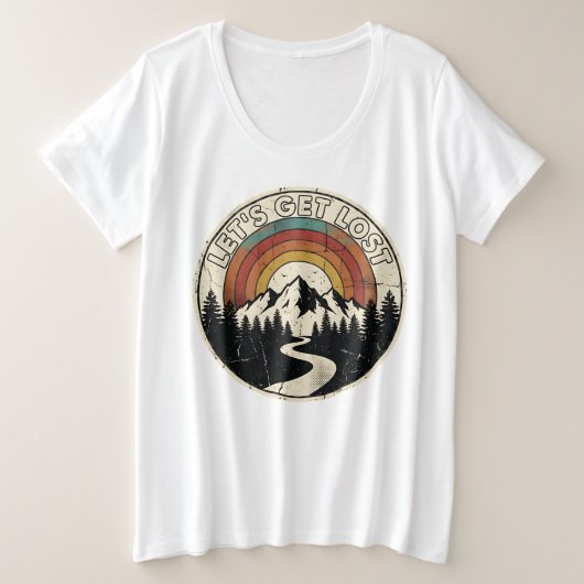 Let’s Get Lost Retro Mountain Adventure Outdoor プラスサイズTシャツ (デザイン正面)