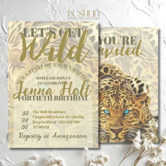 Let’s Get Wild Leopard Animal Glam Gold Birthday 招待状