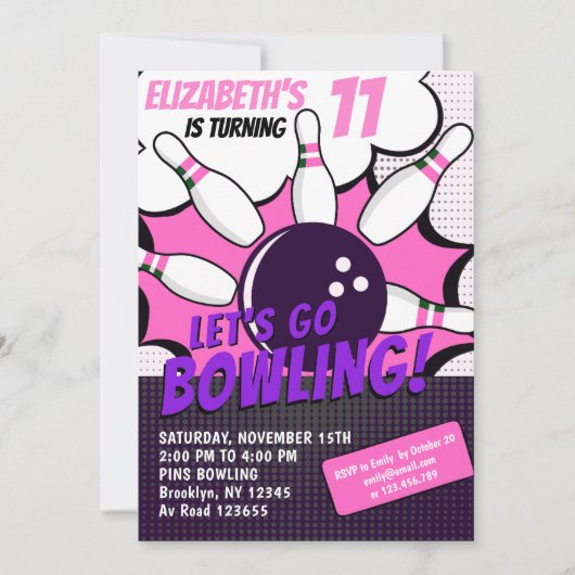 Let’s Go Bowling!  Fun Bowling-Style Birthday Girl 招待状 (正面)