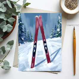 Let’s Go Skiing | Winter Skis Watercolor Painting ポストカード