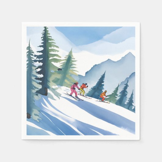 Let’s Go Skiing | Winter Watercolor スタンダードカクテルナプキン (正面)